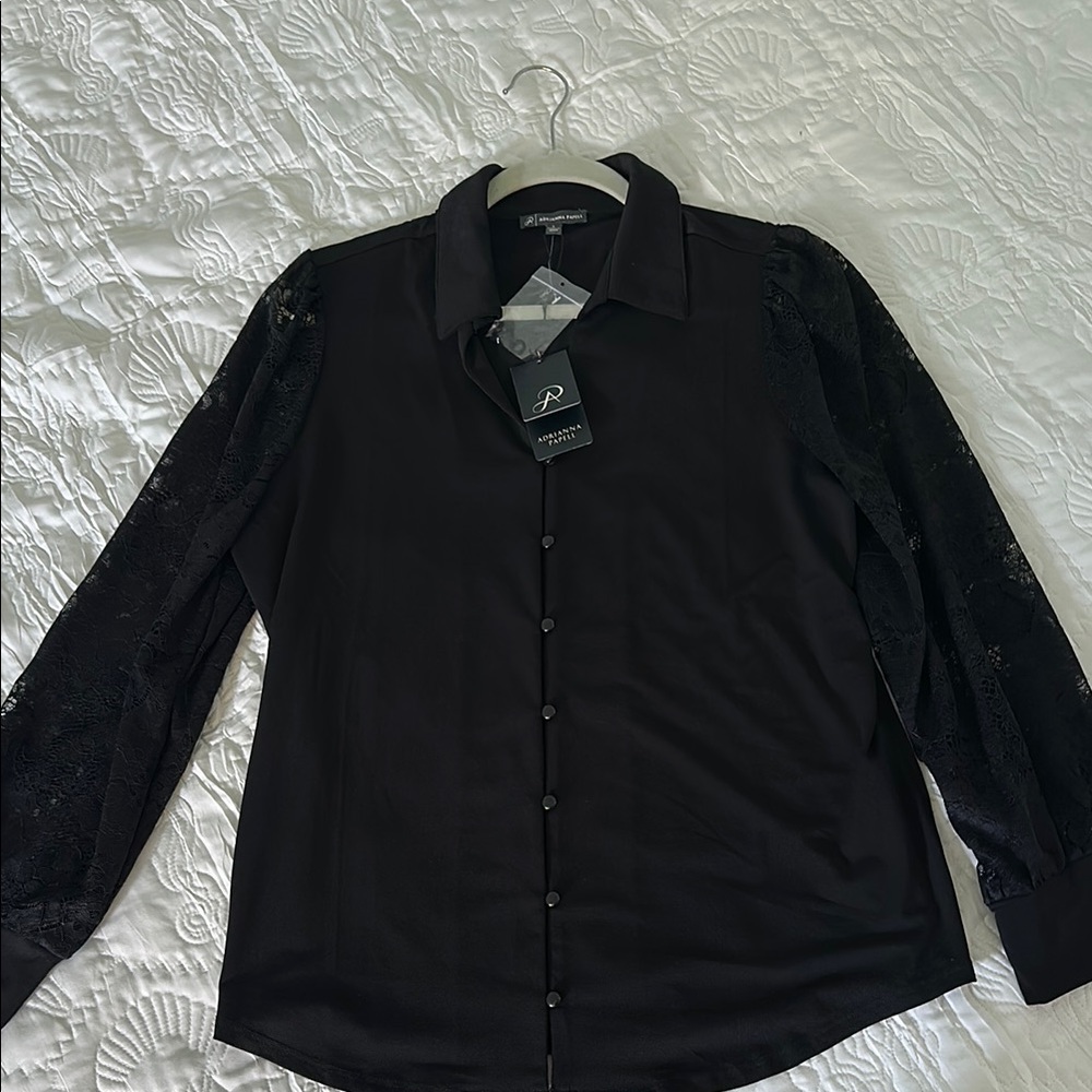 Black Button-Up Blouse with Lace Sleeves